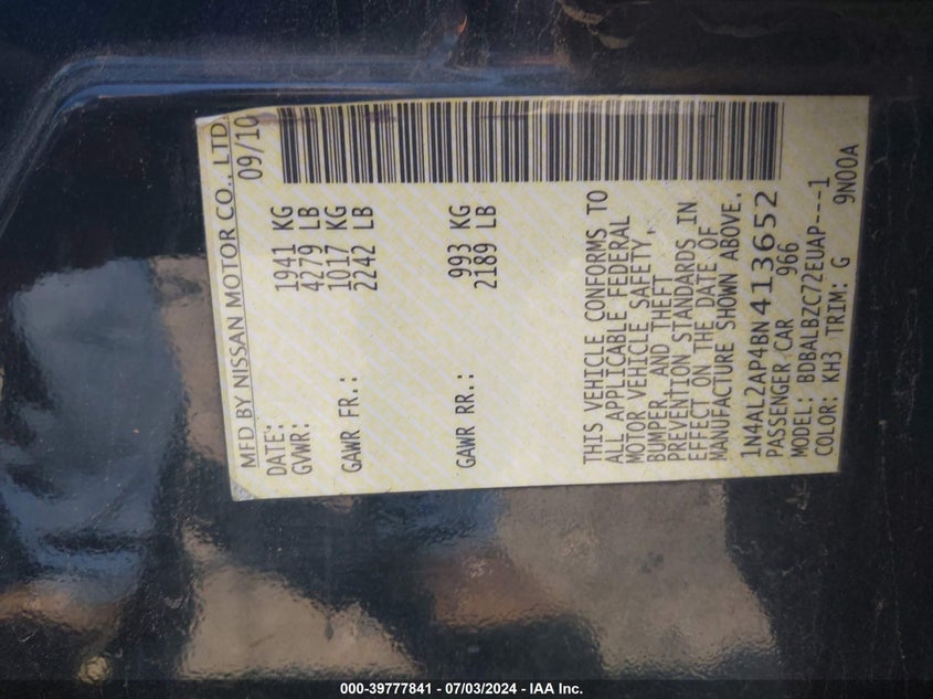 2011 Nissan Altima S VIN: 1N4AL2AP4BN413652 Lot: 39777841