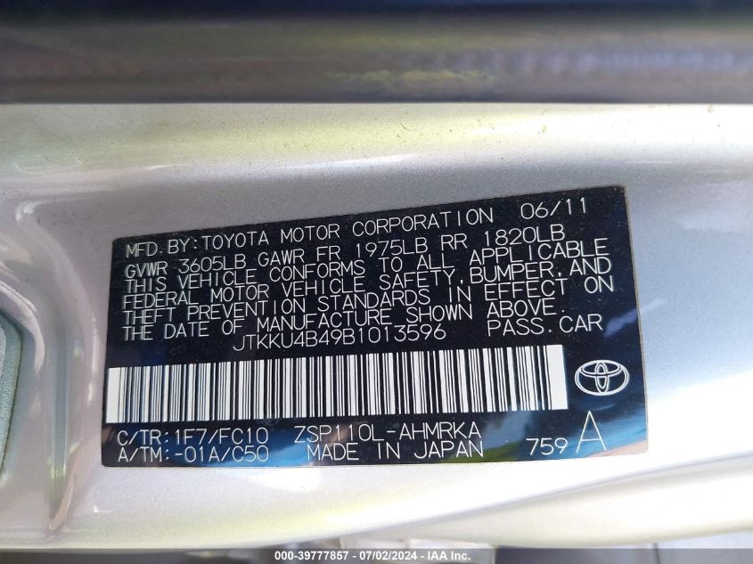 2011 Scion Xd VIN: JTKKU4B49B1013596 Lot: 39777857