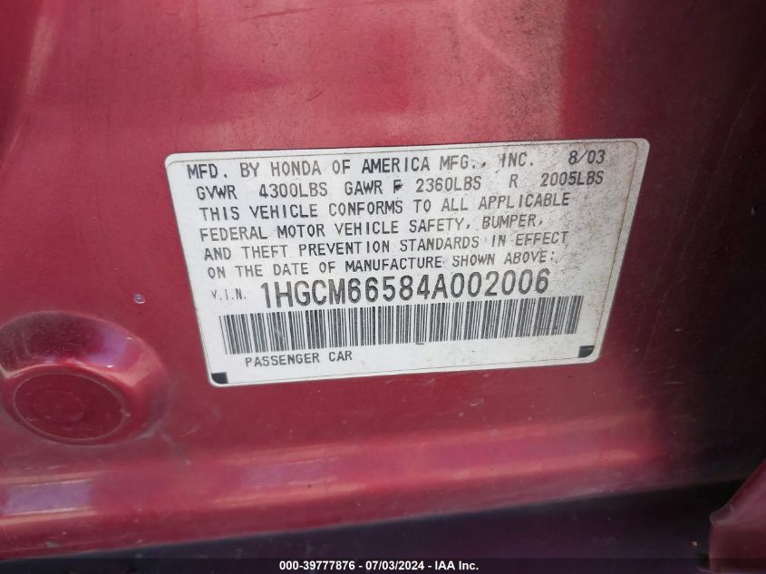 2004 Honda Accord Ex VIN: 1HGCM66584A002006 Lot: 39777876
