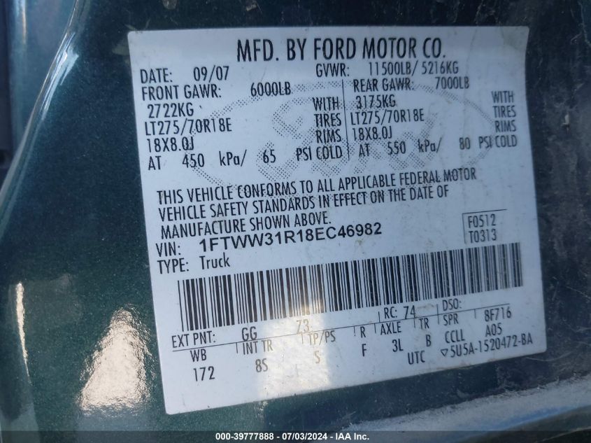 2008 Ford F350 Srw Super Duty VIN: 1FTWW31R18EC46982 Lot: 39777888