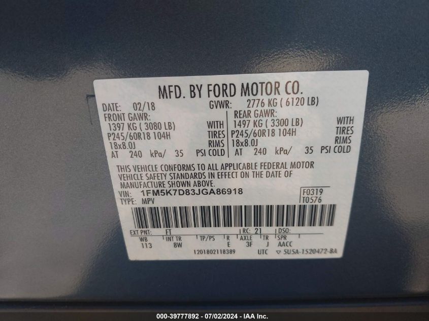 2018 Ford Explorer Xlt VIN: 1FM5K7D83JGA86918 Lot: 39777892