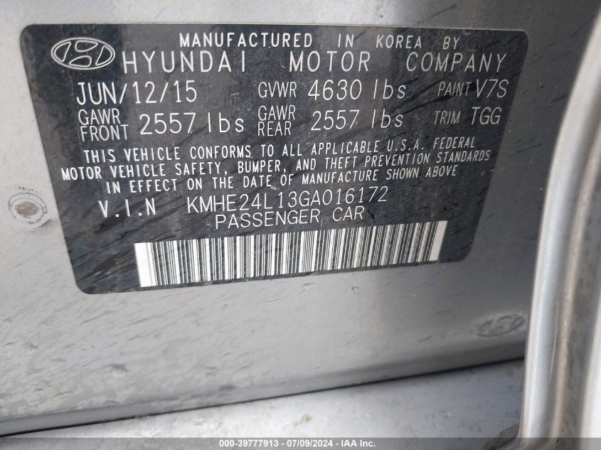 2016 Hyundai Sonata Hybrid Se VIN: KMHE24L13GA016172 Lot: 39777913