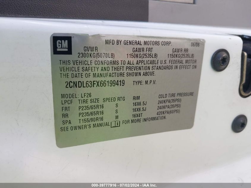 2006 Chevrolet Equinox Lt VIN: 2CNDL63FX66199419 Lot: 39777916