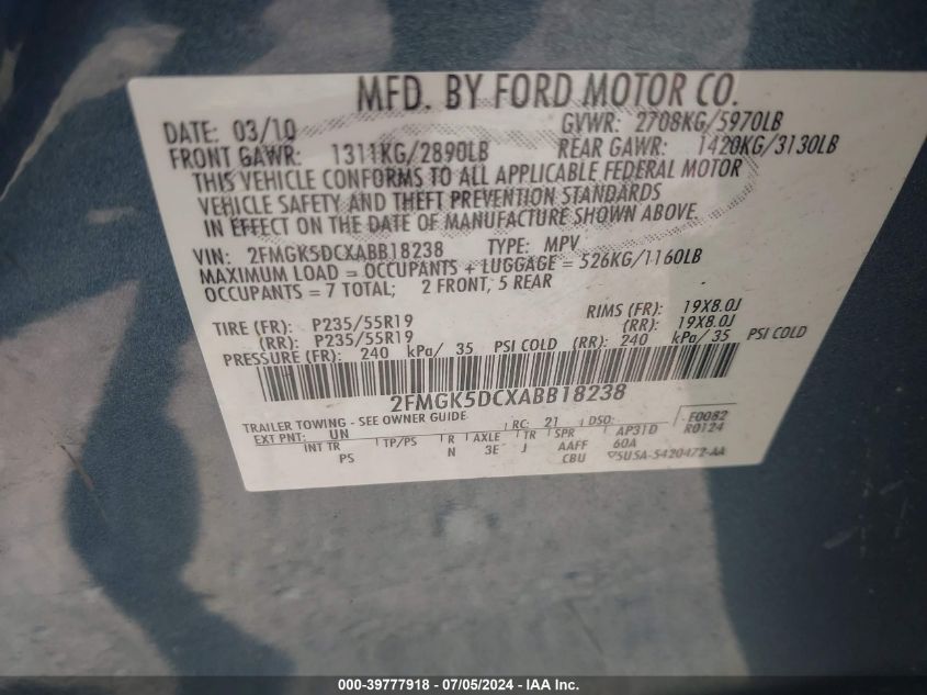 2010 Ford Flex Limited VIN: 2FMGK5DCXABB18238 Lot: 39777918