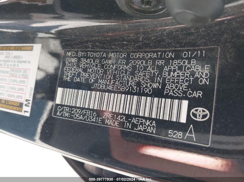 2011 Toyota Corolla S/Le VIN: JTDBU4EE5B9131190 Lot: 39777930