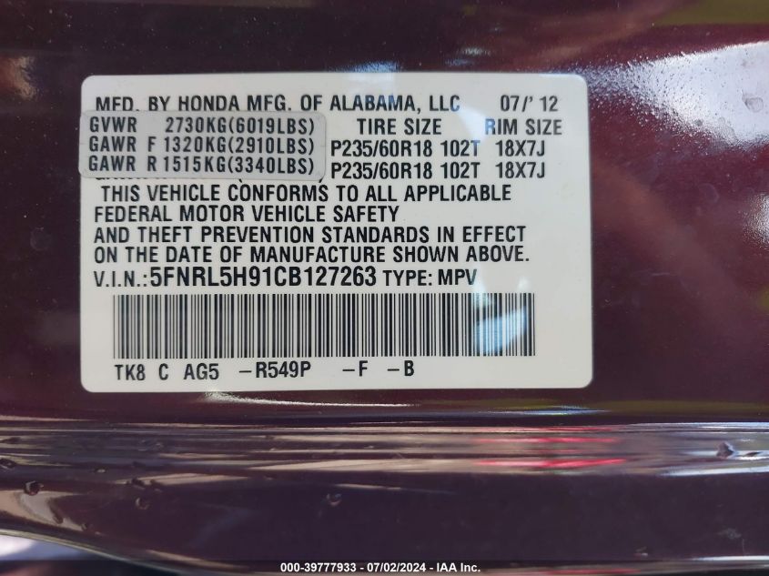 2012 Honda Odyssey Touring/Touring Elite VIN: 5FNRL5H91CB127263 Lot: 39777933