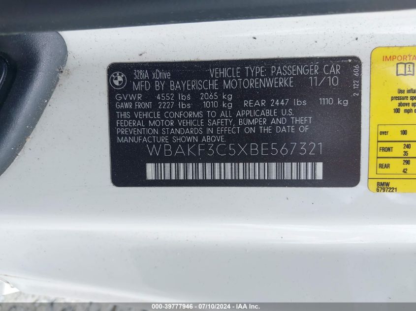 2011 BMW 328I xDrive VIN: WBAKF3C5XBE567321 Lot: 39777946