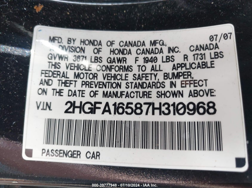 2007 Honda Civic Lx VIN: 2HGFA16587H310968 Lot: 39777948