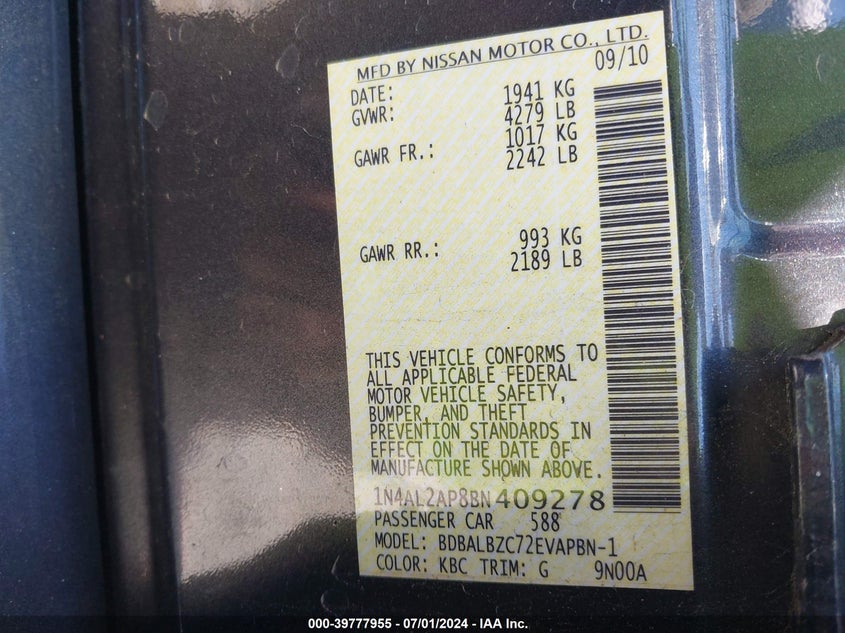 2011 Nissan Altima 2.5 S VIN: 1N4AL2AP8BN409278 Lot: 39777955