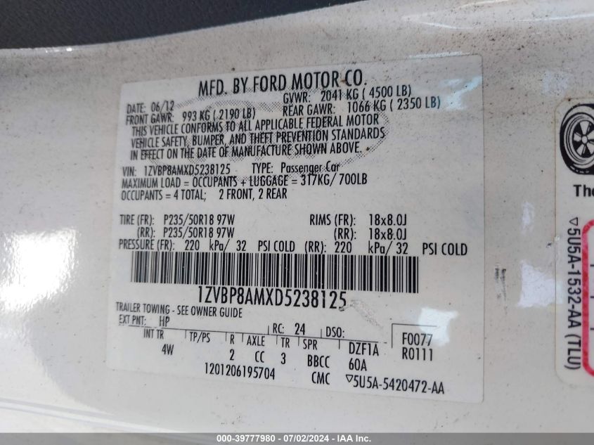 2013 Ford Mustang VIN: 1ZVBP8AMXD5238125 Lot: 39777980