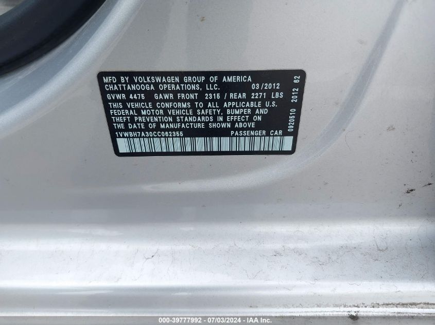 2012 Volkswagen Passat 2.5L Se VIN: 1VWBH7A30CC062355 Lot: 39777992