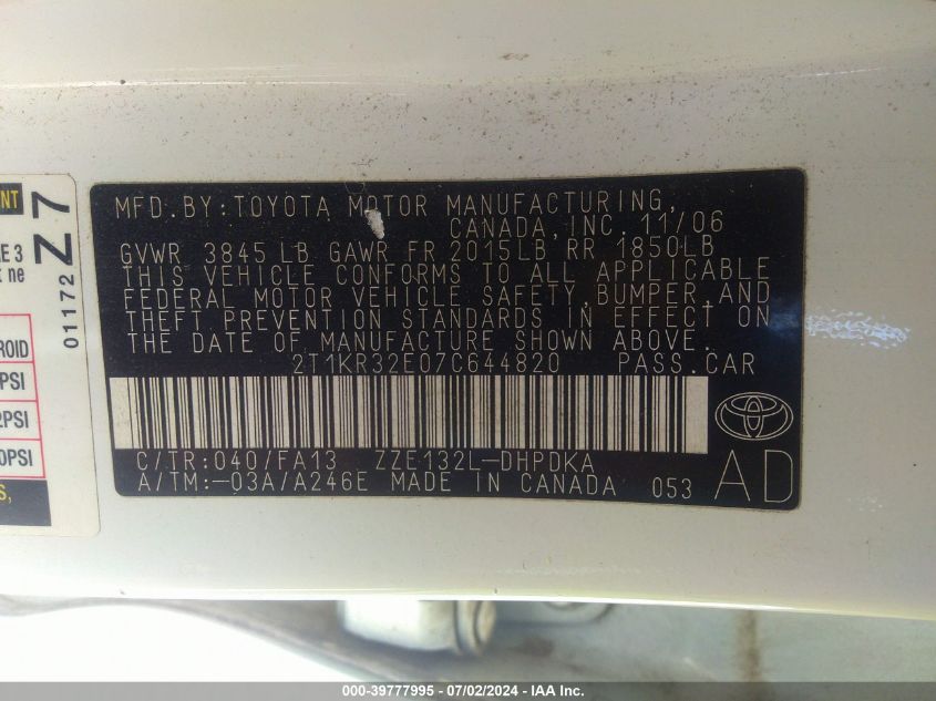 2007 Toyota Matrix VIN: 2T1KR32E07C644820 Lot: 39777995