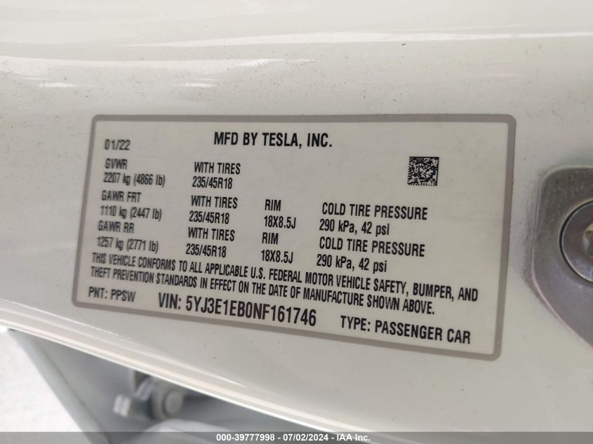 2022 Tesla Model 3 VIN: 5YJ3E1EB0NF161746 Lot: 39777998