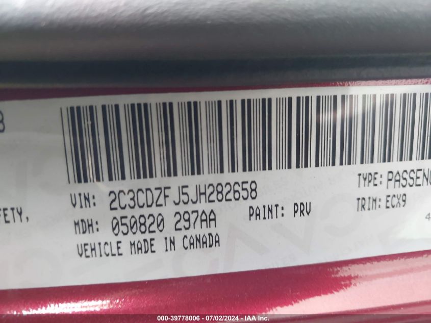 2018 Dodge Challenger R/T 392 VIN: 2C3CDZFJ5JH282658 Lot: 39778006