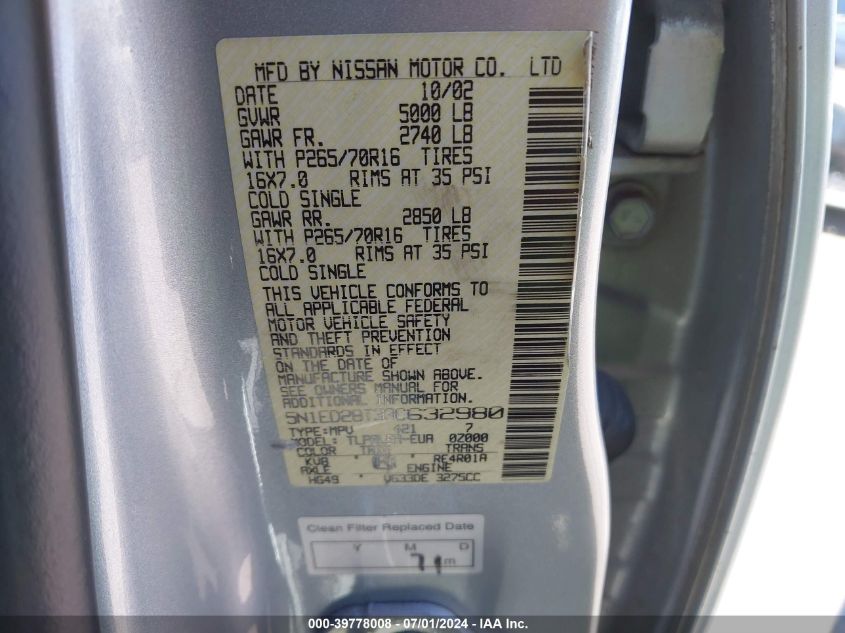 2003 Nissan Xterra Xe VIN: 5N1ED28T33C632980 Lot: 39778008