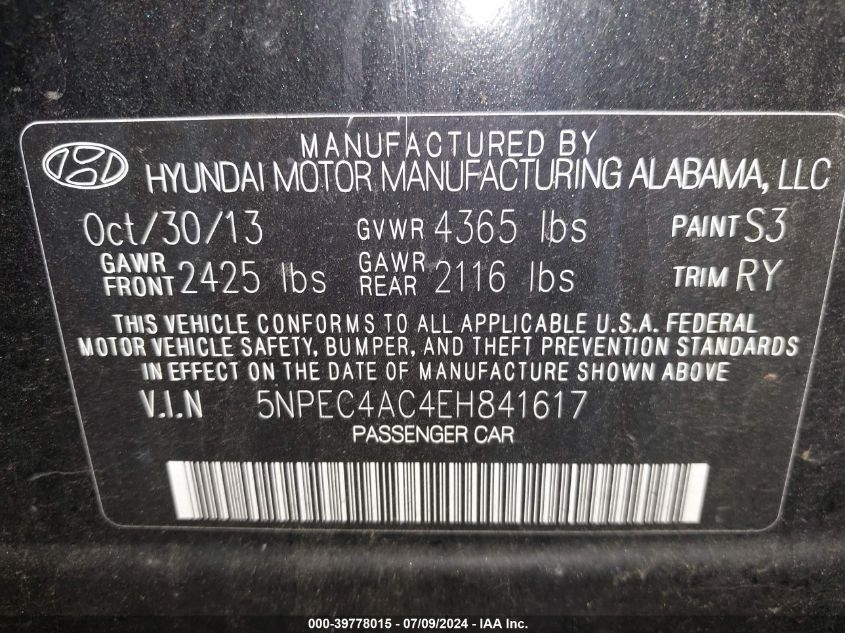 5NPEC4AC4EH841617 2014 Hyundai Sonata Limited