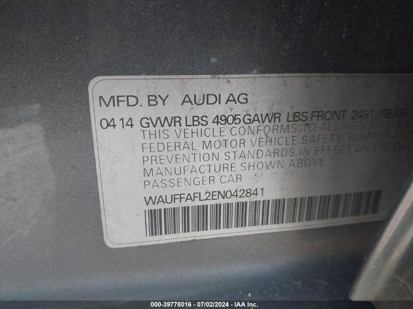 2014 Audi A4 Premium Plus VIN: WAUFFAFL2EN042841 Lot: 39778016