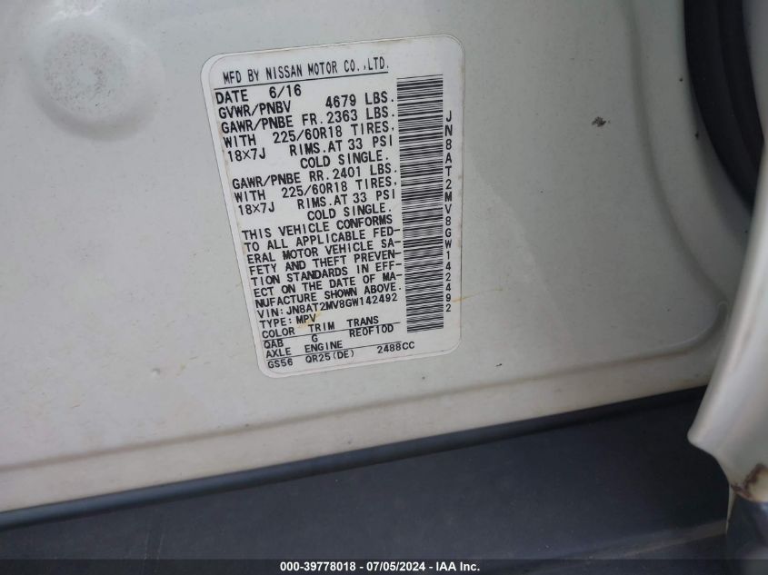 2016 Nissan Rogue Sl VIN: JN8AT2MV8GW142492 Lot: 39778018