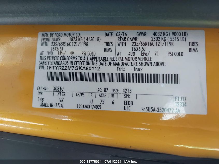 2016 Ford Transit-250 VIN: 1FTYR2ZM7GKA90112 Lot: 39778034