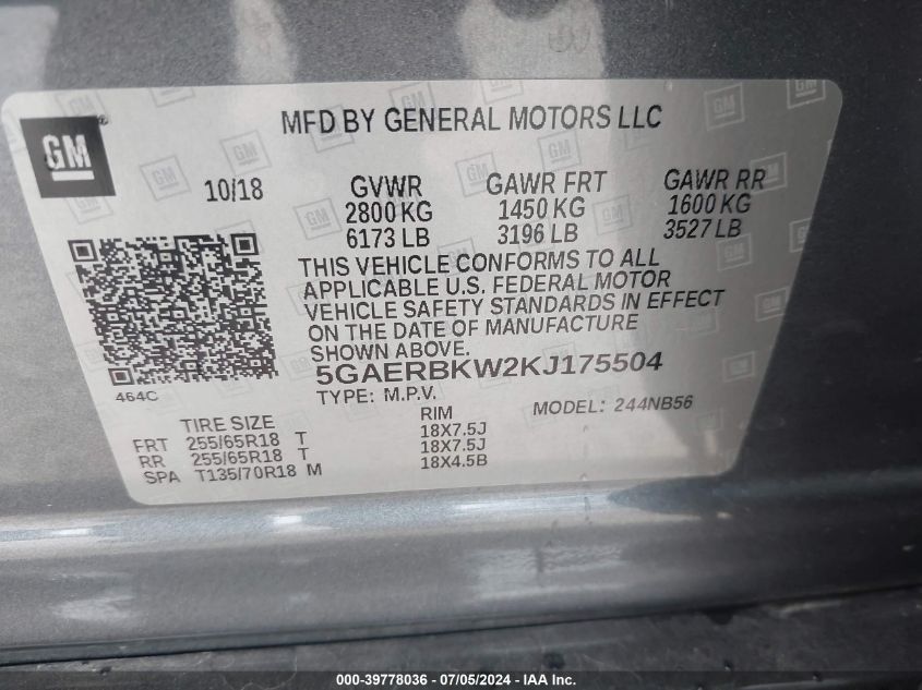 5GAERBKW2KJ175504 2019 Buick Enclave Fwd Essence