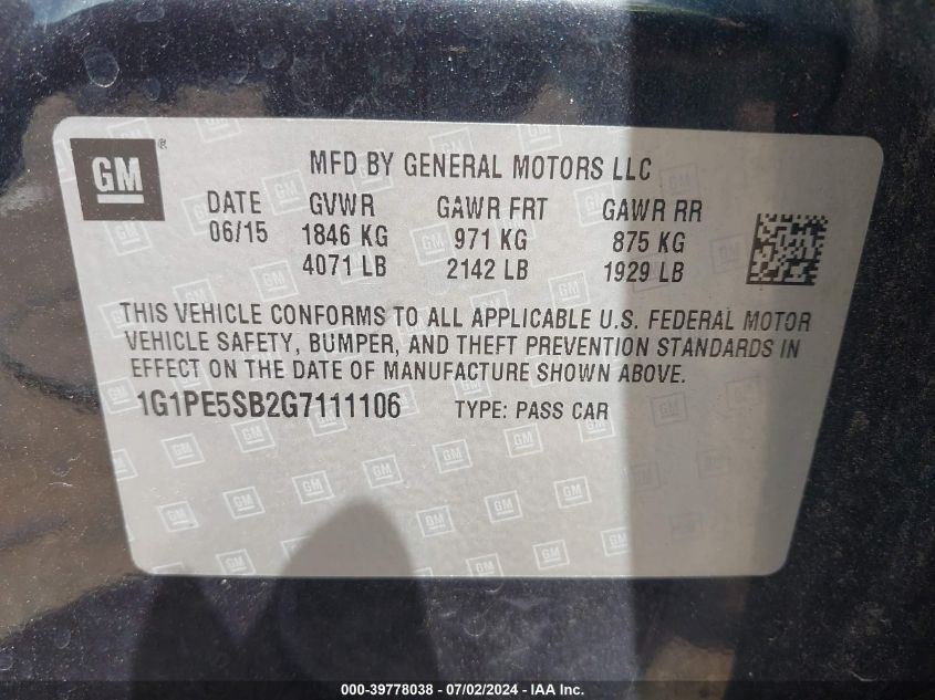 2016 Chevrolet Cruze Limited 1Lt Auto VIN: 1G1PE5SB2G7111106 Lot: 39778038