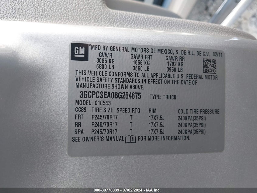 2011 Chevrolet Silverado 1500 Lt VIN: 3GCPCSEA0BG264675 Lot: 39778039