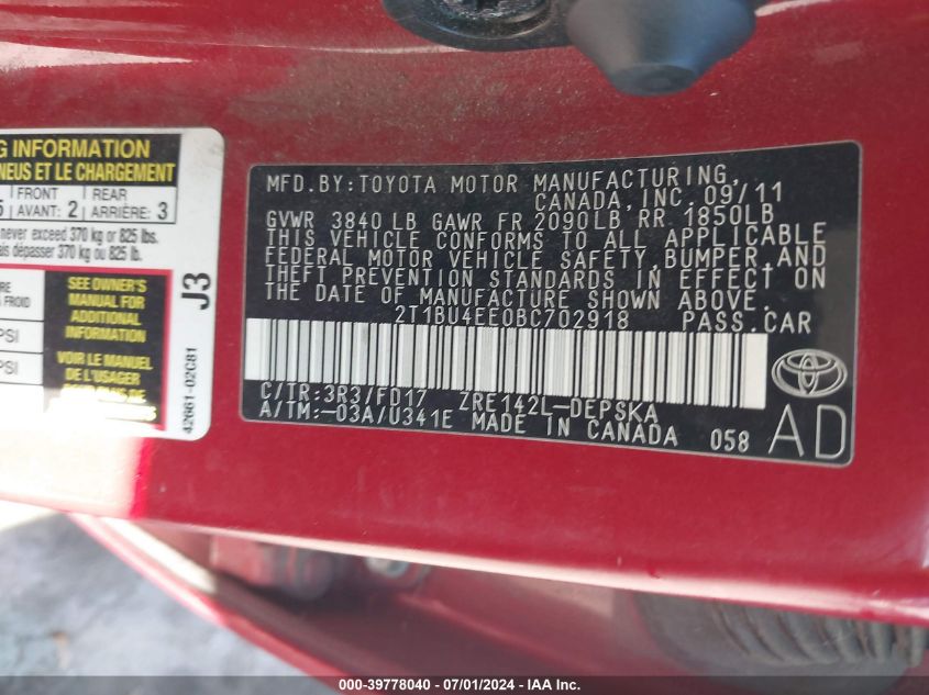 2011 Toyota Corolla S VIN: 2T1BU4EE0BC702918 Lot: 39778040