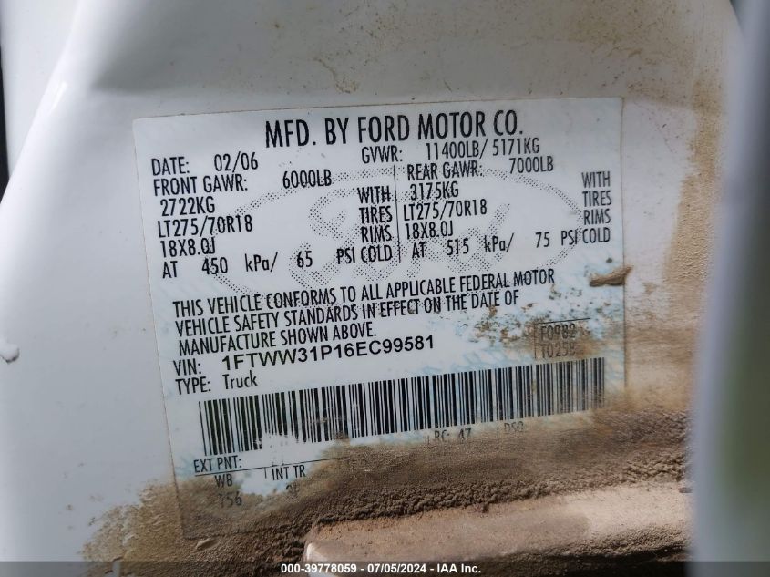 2006 Ford F-350 Lariat/Xl/Xlt VIN: 1FTWW31P16EC99581 Lot: 39778059