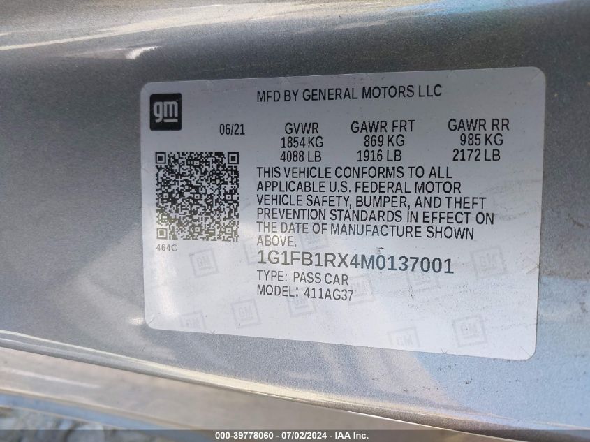 2021 Chevrolet Camaro Ls/Lt VIN: 1G1FB1RX4M0137001 Lot: 39778060