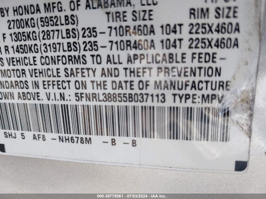 2005 Honda Odyssey Touring VIN: 5FNRL38855B037113 Lot: 39778061