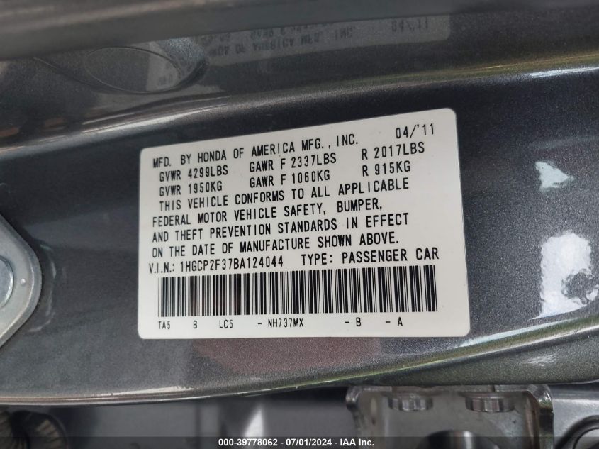 2011 Honda Accord 2.4 Lx VIN: 1HGCP2F37BA124044 Lot: 39778062