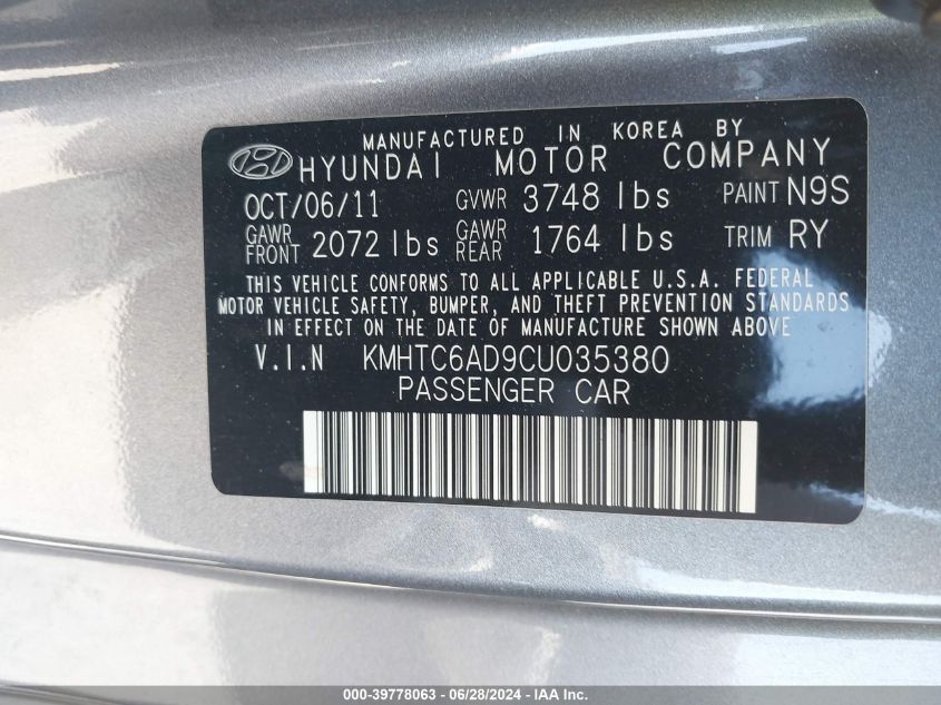 2012 Hyundai Veloster Base W/Black VIN: KMHTC6AD9CU035380 Lot: 39778063