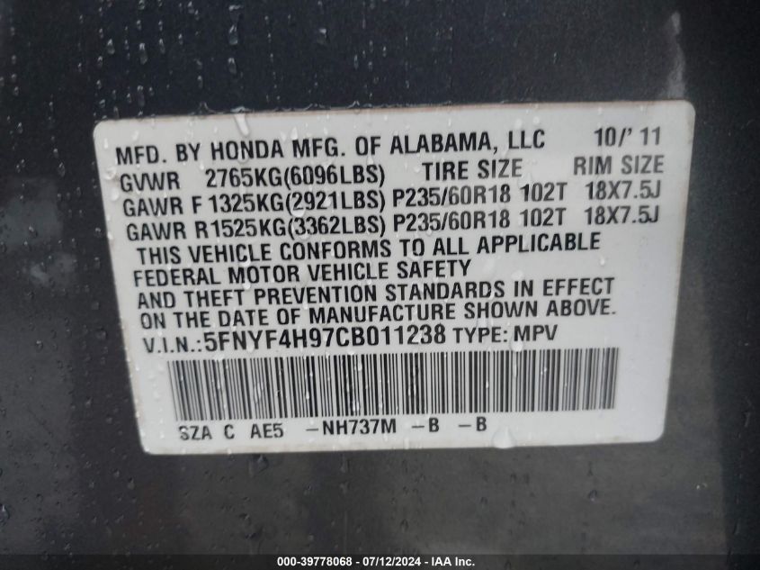 2012 Honda Pilot Touring VIN: 5FNYF4H97CB011238 Lot: 39778068