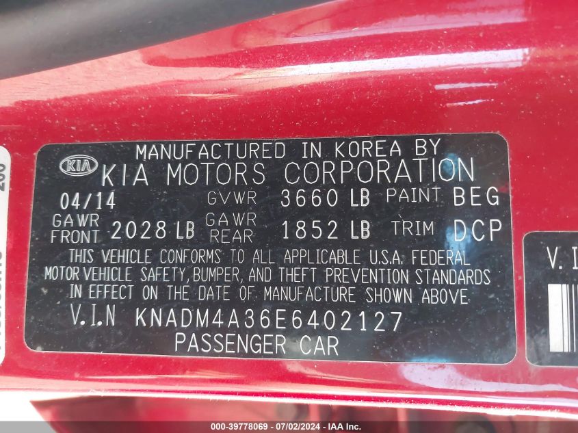 2014 Kia Rio Lx VIN: KNADM4A36E6402127 Lot: 39778069
