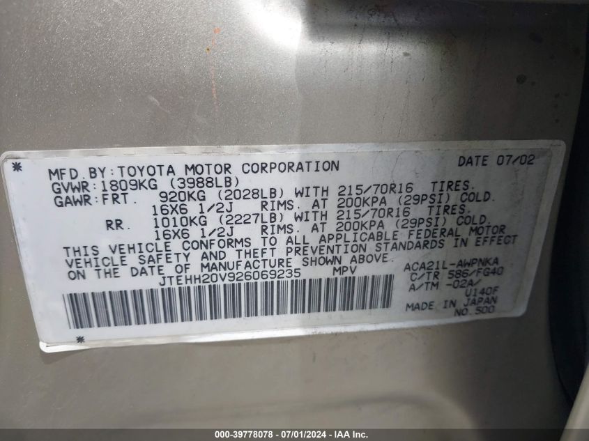 2002 Toyota Rav4 VIN: JTEHH20V926069235 Lot: 39778078