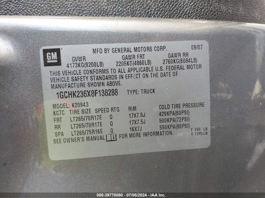 2008 Chevrolet Silverado 2500Hd Ltz VIN: 1GCHK236X8F138288 Lot: 39778080