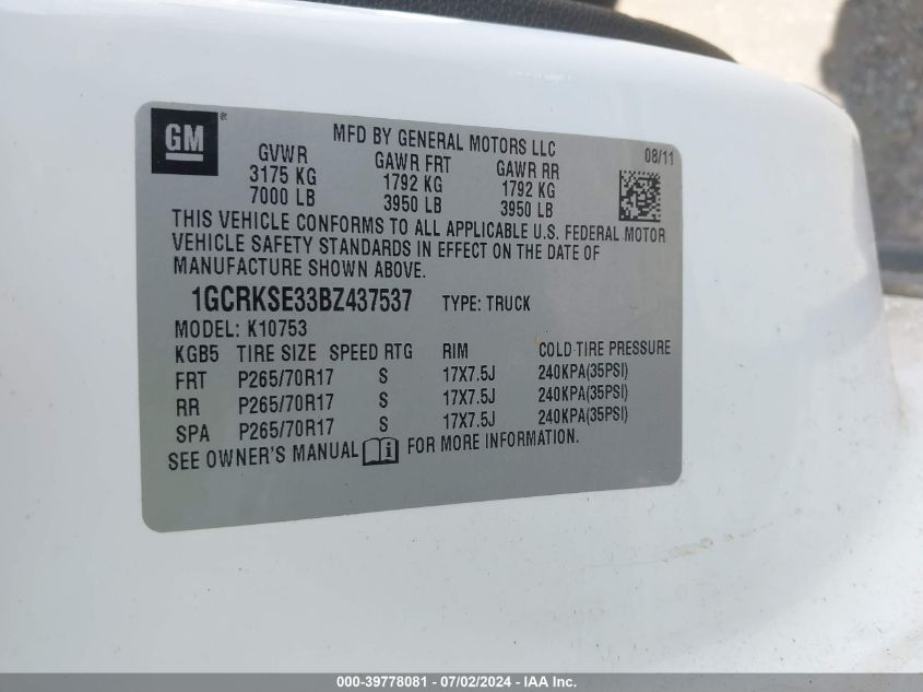 2011 Chevrolet Silverado 1500 Lt VIN: 1GCRKSE33BZ437537 Lot: 39778081