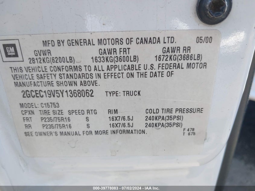 2000 Chevrolet Silverado 1500 Ls VIN: 2GCEC19V5Y1368062 Lot: 39778083