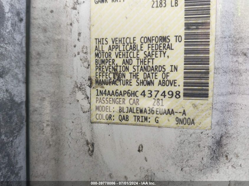 2017 Nissan Maxima 3.5 Sl VIN: 1N4AA6AP6HC437498 Lot: 39778086