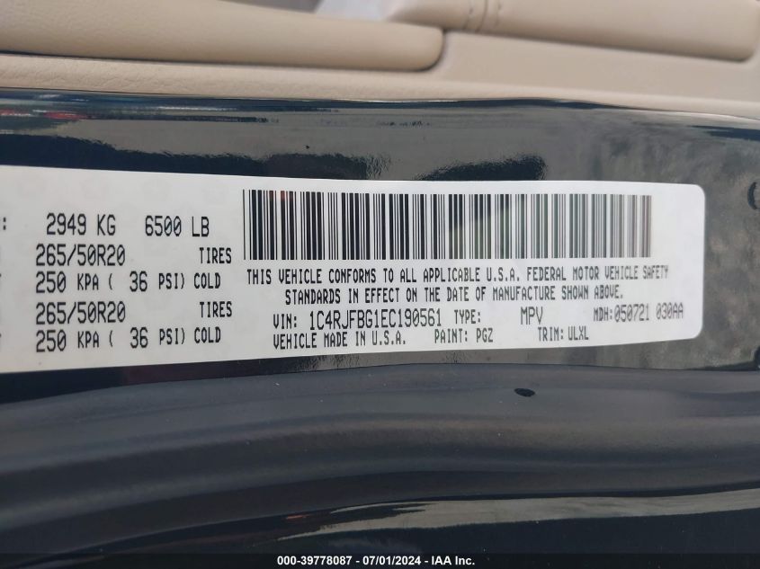 2014 Jeep Grand Cherokee Limited VIN: 1C4RJFBG1EC190561 Lot: 39778087