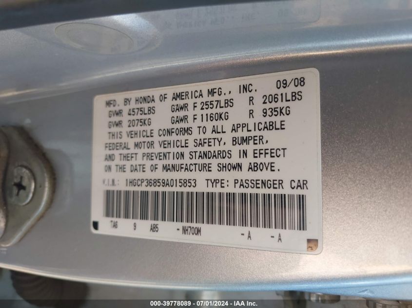 2009 Honda Accord 3.5 Ex-L VIN: 1HGCP36859A015853 Lot: 39778089