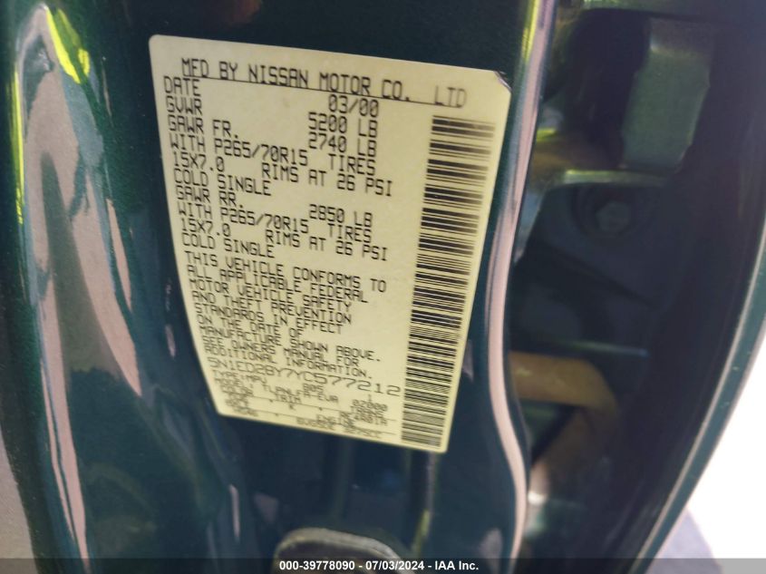 2000 Nissan Xterra Xe/Se VIN: 5N1ED28Y7YC577212 Lot: 39778090