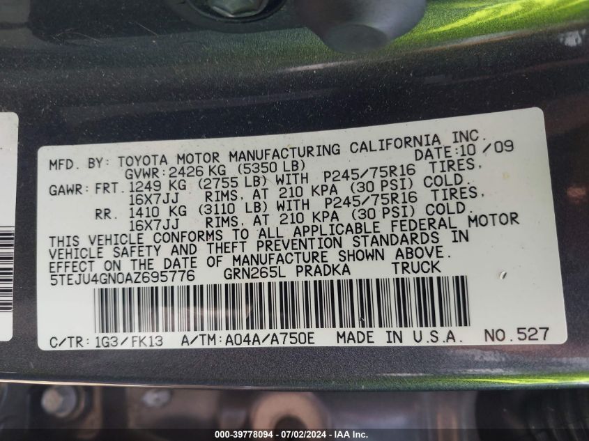 2010 Toyota Tacoma Prerunner V6 VIN: 5TEJU4GN0AZ695776 Lot: 39778094