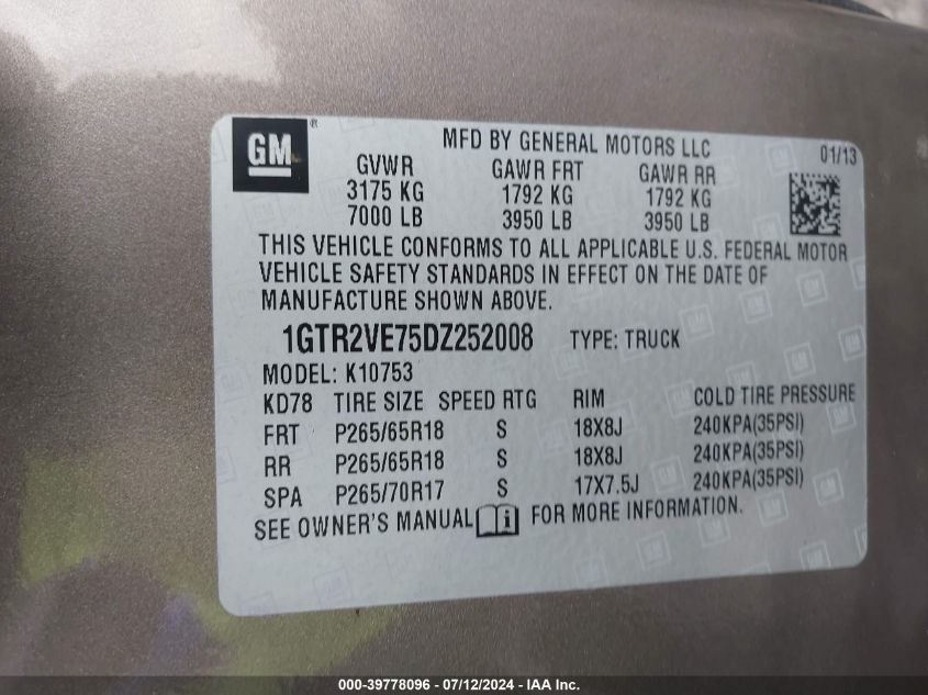 2013 GMC Sierra 1500 Sle VIN: 1GTR2VE75DZ252008 Lot: 39778096