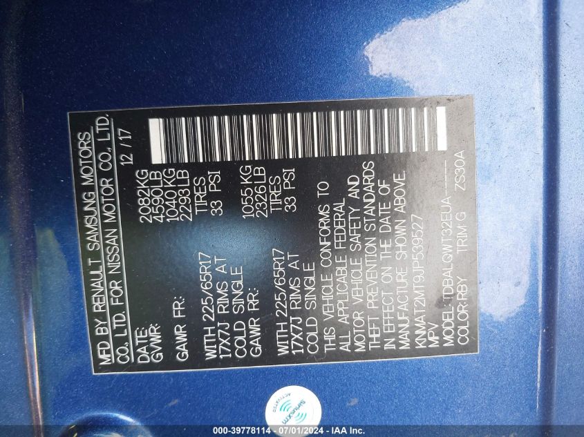 2018 Nissan Rogue Sv VIN: KNMAT2MT9JP539527 Lot: 39778114