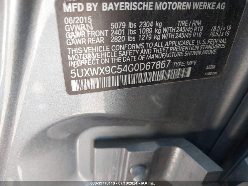 2016 BMW X3 xDrive28I VIN: 5UXWX9C54G0D67867 Lot: 39778119