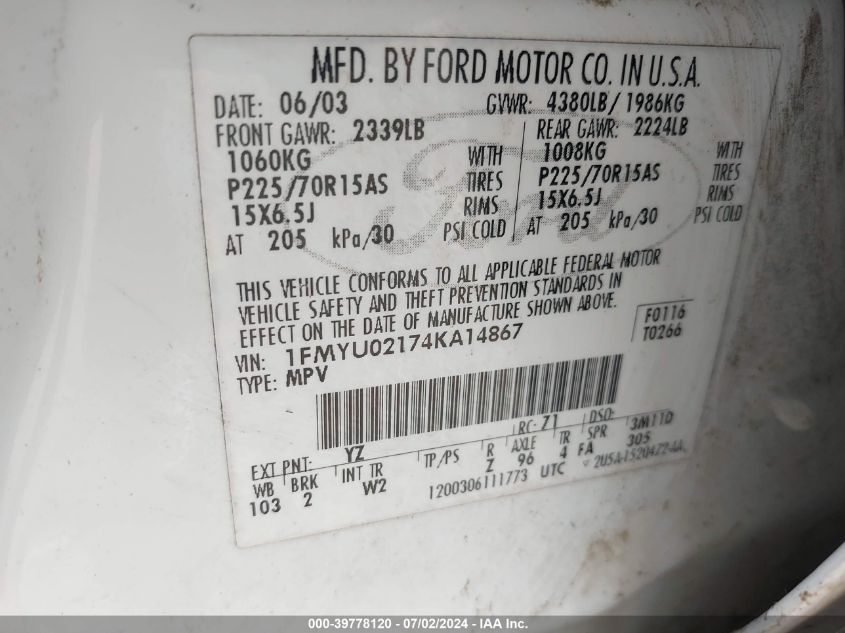 2004 Ford Escape Xls VIN: 1FMYU02174KA14867 Lot: 39778120