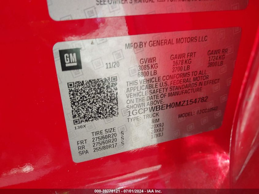 2021 Chevrolet Silverado 1500 2Wd Short Bed Custom VIN: 1GCPWBEH0MZ154782 Lot: 39778121