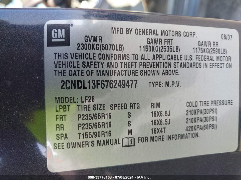 2007 Chevrolet Equinox Ls VIN: 2CNDL13F676249477 Lot: 39778158