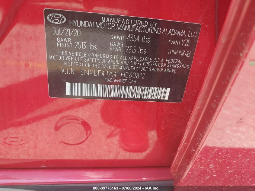 2020 Hyundai Sonata Sel VIN: 5NPEF4JA4LH060812 Lot: 39778163